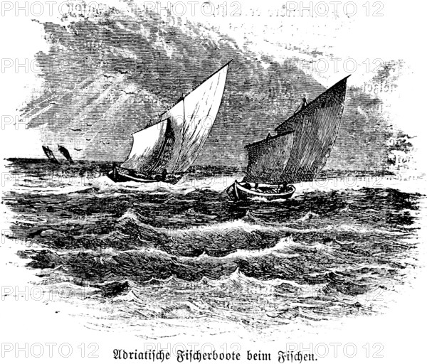 Fishing boats fishing in the Adriatic, wooden boats, sailboats, high waves, strong wind, cloud