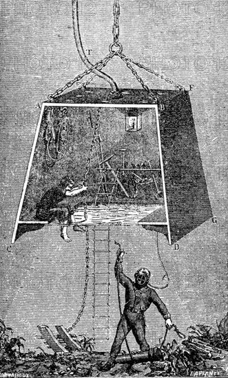 Diver with diving bell, then caisson, at the bottom of the sea, depth, diving suit, oxygen mask,