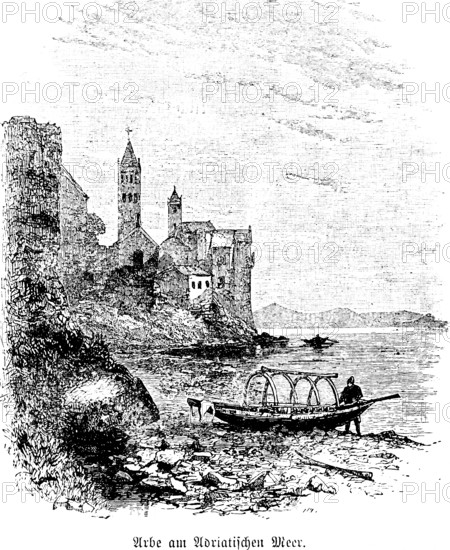 Picturesque old community on the Adriatic coast, cliffs, church, church tower, residential