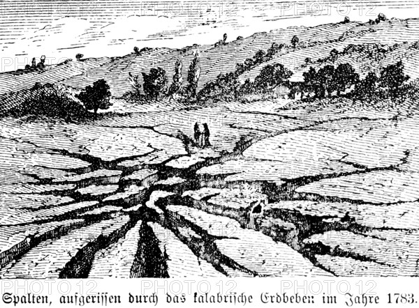 Earth crevices created by the 1783 earthquake in Calabria, mountain landscape with crevices, trees,