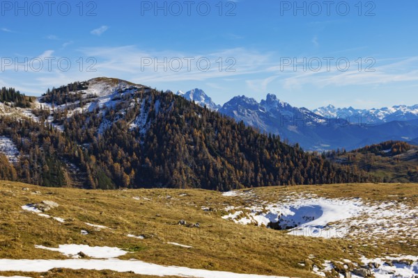 Trattberg Alm with a view of the Hochbühel and Dachstein Massif, Osterhorn Group, Salzkammergut,