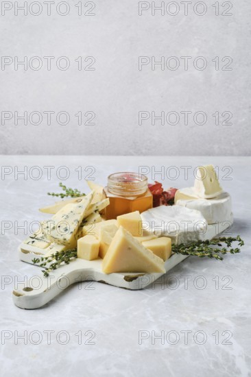 Fine selection of cheeses, honey, and herbs arranged artfully on a platter. Cubes of aged cheese,