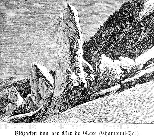 Icicles on the Mer de Glace, Chamonix Mont Blanc, France, travel picture, French Alps, historical