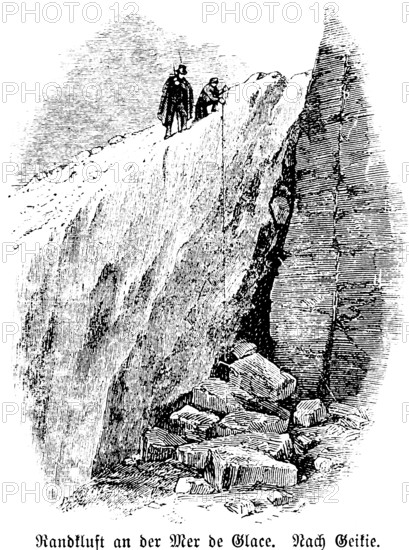 Rift at the Mer de Glace, Chamonix Mont Blanc, France, measurements, two people, glacier, rocks,