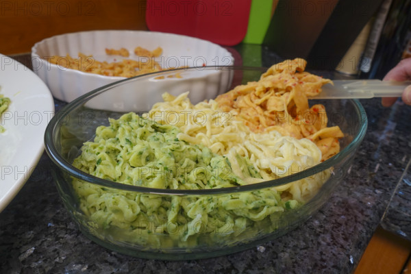 Swabian cuisine, preparation of hand-scraped spaetzle, spaetzle casserole, three types of spaetzle,