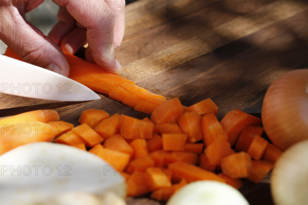 Southern German cuisine, preparing vegetables, cutting raw carrots, celery, onions, vegetarian,