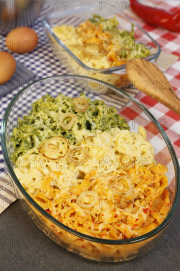 Swabian cuisine, spaetzle casserole, three types of spaetzle baked with cheese, classic spaetzle,