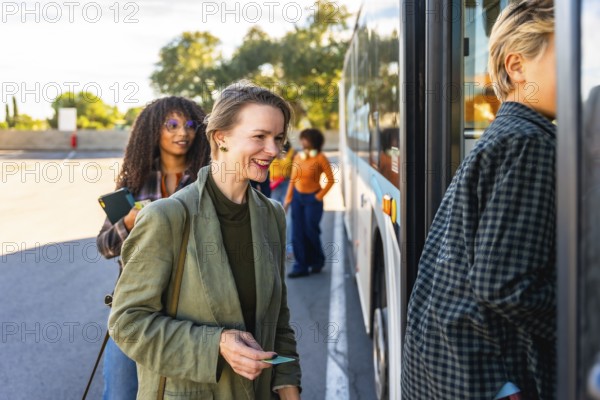 Happy woman smiling with bus ticket in hand, waiting in line to board a city bus for her daily