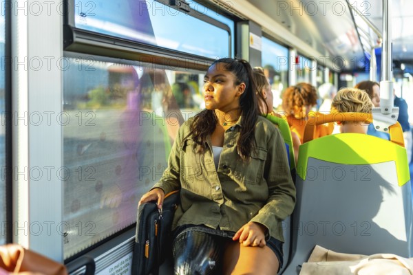 Young woman sitting by the window on a public transport bus, thoughtfully looking outside while