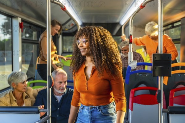 Diverse group of passengers on a clean modern city bus, smiling and commuting together seated and