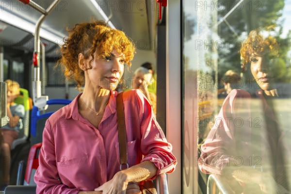 Curly red haired woman standing on a busy city bus during her commute, gazing thoughtfully out the