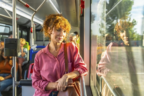 Young redheaded woman smiling and looking at camera while standing on a city bus, holding a bag