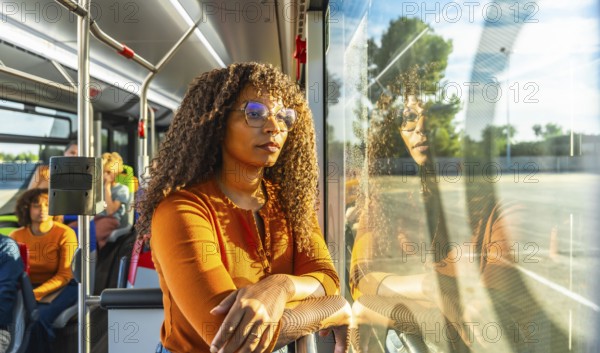 Young adult woman with curly hair and glasses looking out a public transport bus window, reflecting