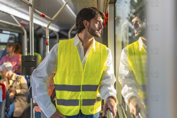 Young man in reflective safety vest standing on a city bus, looking out the window at sunlight and