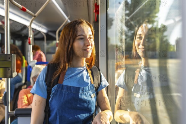 Young woman with a backpack traveling on a public bus, looking out the window with a smiling