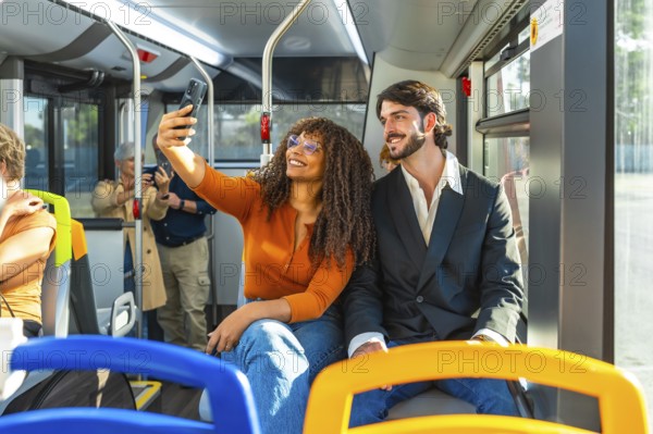 Diverse couple smiling and taking a selfie on a modern city bus during their commute, enjoying