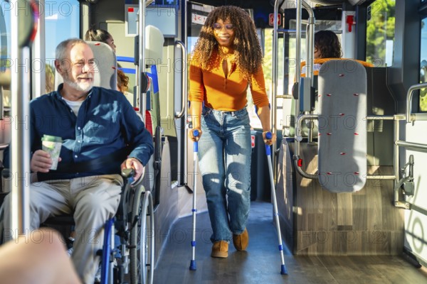 Commuters with disabilities, including a man in a wheelchair and a woman walking with crutches,