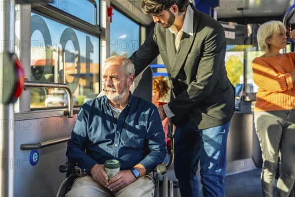 Young person assisting a senior man in a wheelchair on public transportation, ensuring