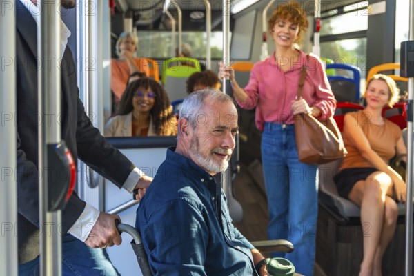 Man in a wheelchair being assisted on a public transit bus, representing accessibility and