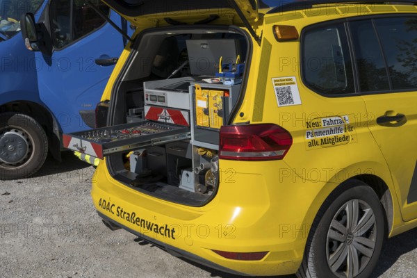 ADAC Strassenwacht vehicle in a parking lot, open trunk with tools, Lenggries, Upper Bavaria,
