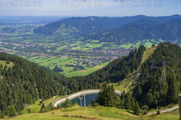 View from Brauneck to Lenggries, front reservoir, Bavarian Prealps, Isarwinkel, Lenggries, Upper