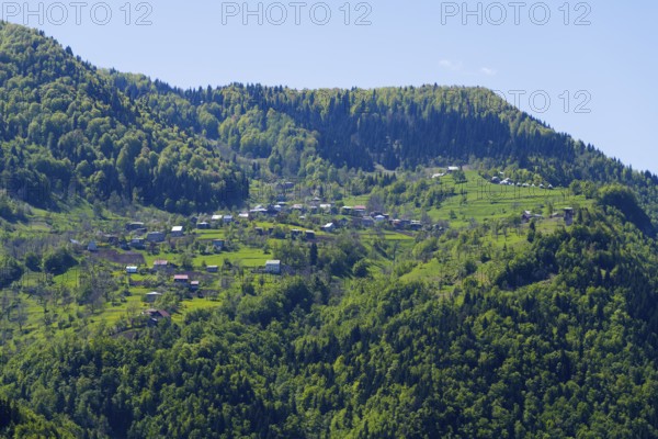 Mountain landscape with green meadows and forests, small villages scattered along the hills in a