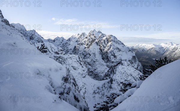 View of snowy Waxenstein, view from Längenfelderkopf in winter, Wetterstein Mountains,