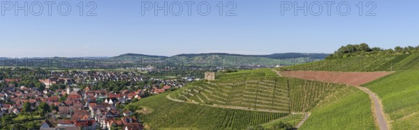 Wide view of a village and its surrounding hilly vineyards, Y-Burg, Stetten im Remstal,