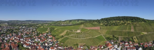 Wide panoramic view of a village and surrounding vineyards, Y-Burg, Stetten im Remstal,