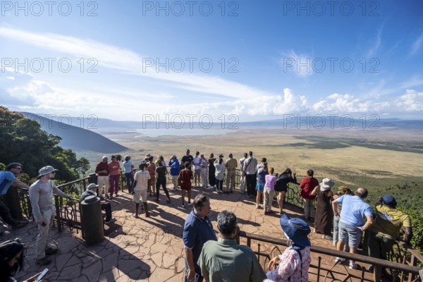 Tourists on the Crater Viewpoint observation deck, view of Ngorongoro Crater, Ngorongoro