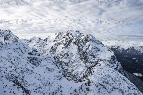 View of snowy Waxenstein, view from Längenfelderkopf in winter, Wetterstein Mountains,