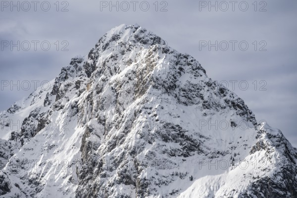 View of snowy Waxenstein summit, in winter, Wetterstein Mountains, Garmisch-Partenkirchen, Bavaria,