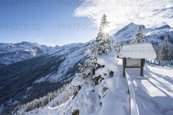 Guide on the hiking trail in winter, view of snow-covered mountain landscape with Alpspitz mountain