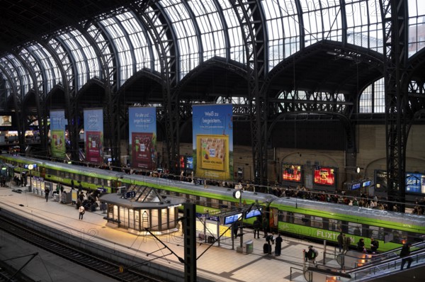 Interior view, Flixtrain, RE, regional express, trains, tracks, platform, travelers, advertising,