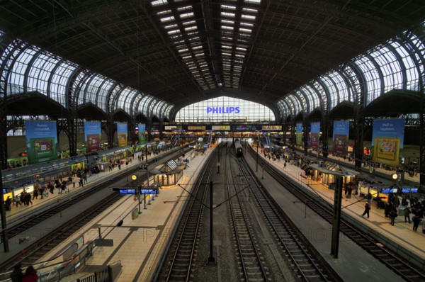 Interior view, trains, tracks, Philipps, logo, platform, travelers, advertising, advertising,