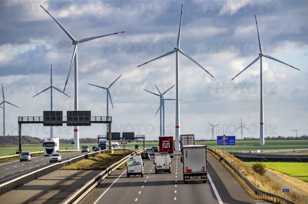 A44 motorway near Bedburg, in front of the Jackerath triangle, recultivated open-cast mining site,