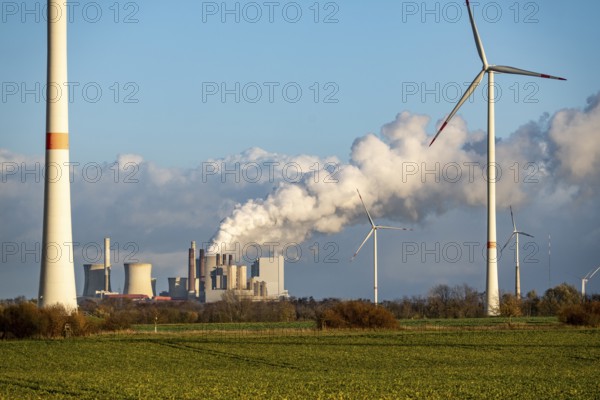 The RWE brown coal power plant in Neurath, wind farm, Rhenish lignite mining district of North
