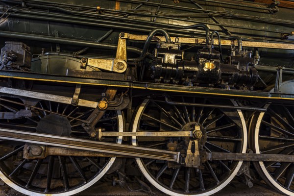 Wheelwork of the legendary French locomotive La France, operating number 231.K 22, railway museum,
