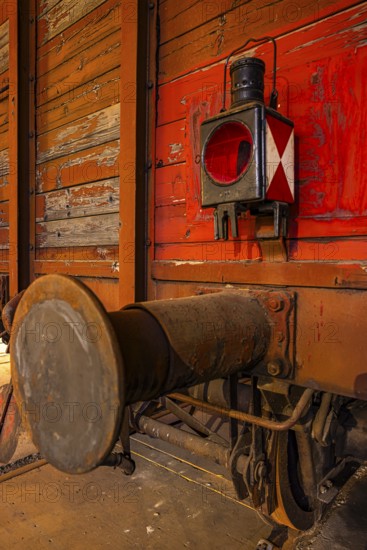 Historic freight car with buffer and tail light, railway museum, Augsburg railway park,