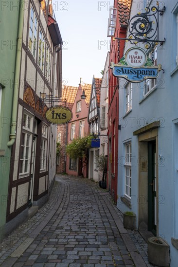 Colourful houses with shops and restaurants, half-timbered houses in a small alley, picturesque