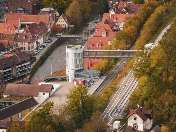 Station building with bridge across river, surrounded by autumn leaves and traditional houses,