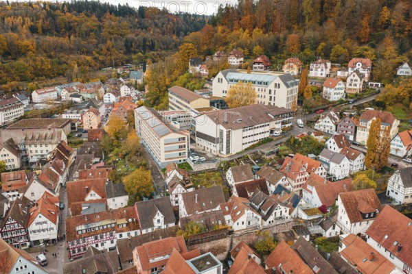 Overview of a town with half-timbered houses and modern buildings in an autumn mountain landscape,