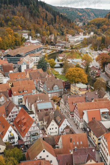 Overview of urban roofs and river in autumn surroundings with half-timbered houses, Calw, Black
