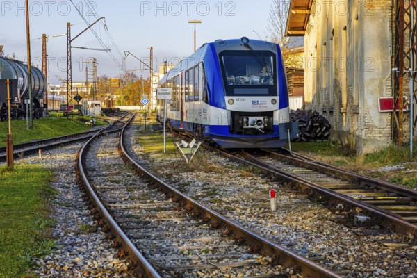 Modern Bavarian Regional Railway train, BRB, parked in front of Augsburg railway park,
