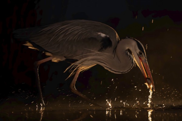 Grey heron (Ardea cinerea), heron, hunting, fishing, with white fish as prey, sunrise, night view,
