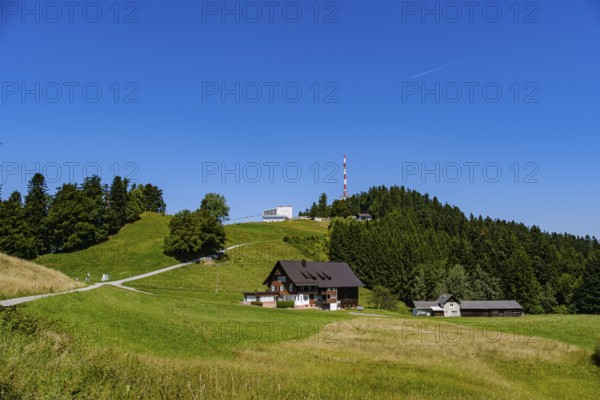 Picturesque alpine meadow landscape on the Pfänder with a view of the Pfänderbahn mountain station