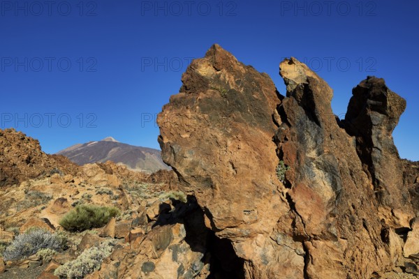Rough rock formations under clear sky with a volcano in the distance, UNESCO World Heritage Site,