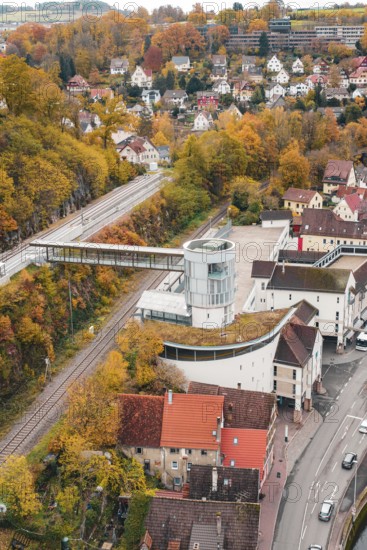 View of urban area with tower and railway tracks in autumn surroundings, Hermann Hessebahn, ZOB