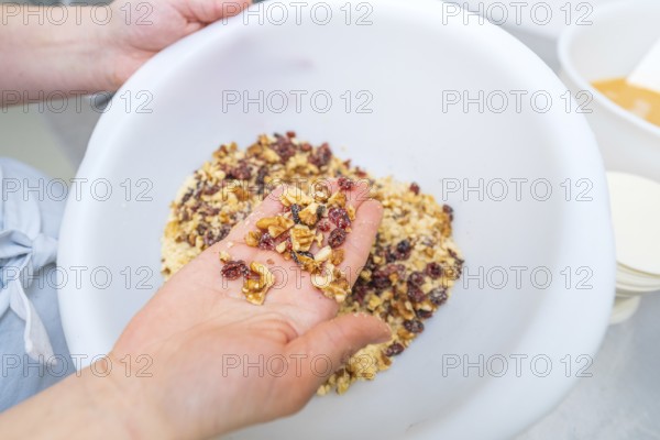Hands holding a mix of nuts and dried fruit in a white bowl, Christmas baking, Haselstaller Hof,