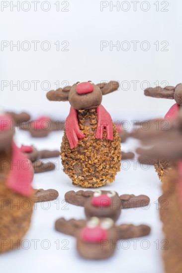 Handmade chocolate reindeer cookies with red and white details on a white background, Christmas